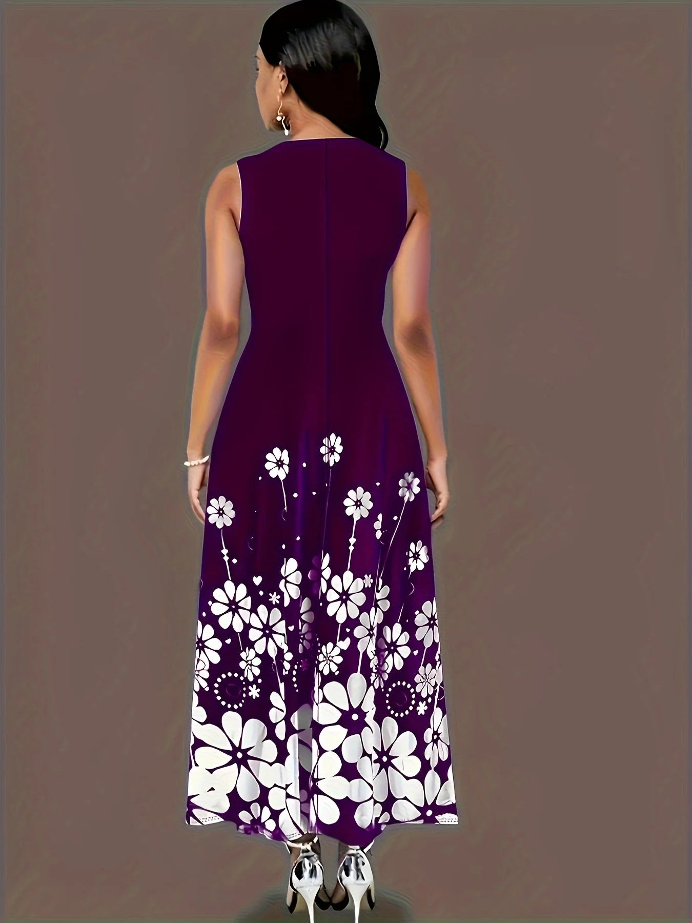 Black and White Floral Print Sleeveless Long Dress