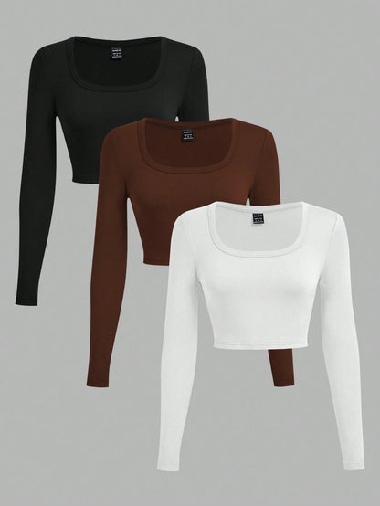 3-Pack Women's U-Neck Cropped Long Sleeve T-Shirts,