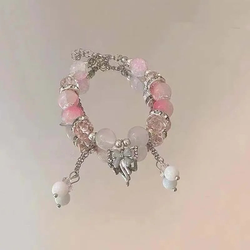 Crystal Flowers Butterfly Pendant Beaded Bracelet