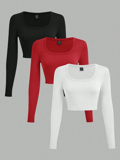 3-Pack Women's U-Neck Cropped Long Sleeve T-Shirts,