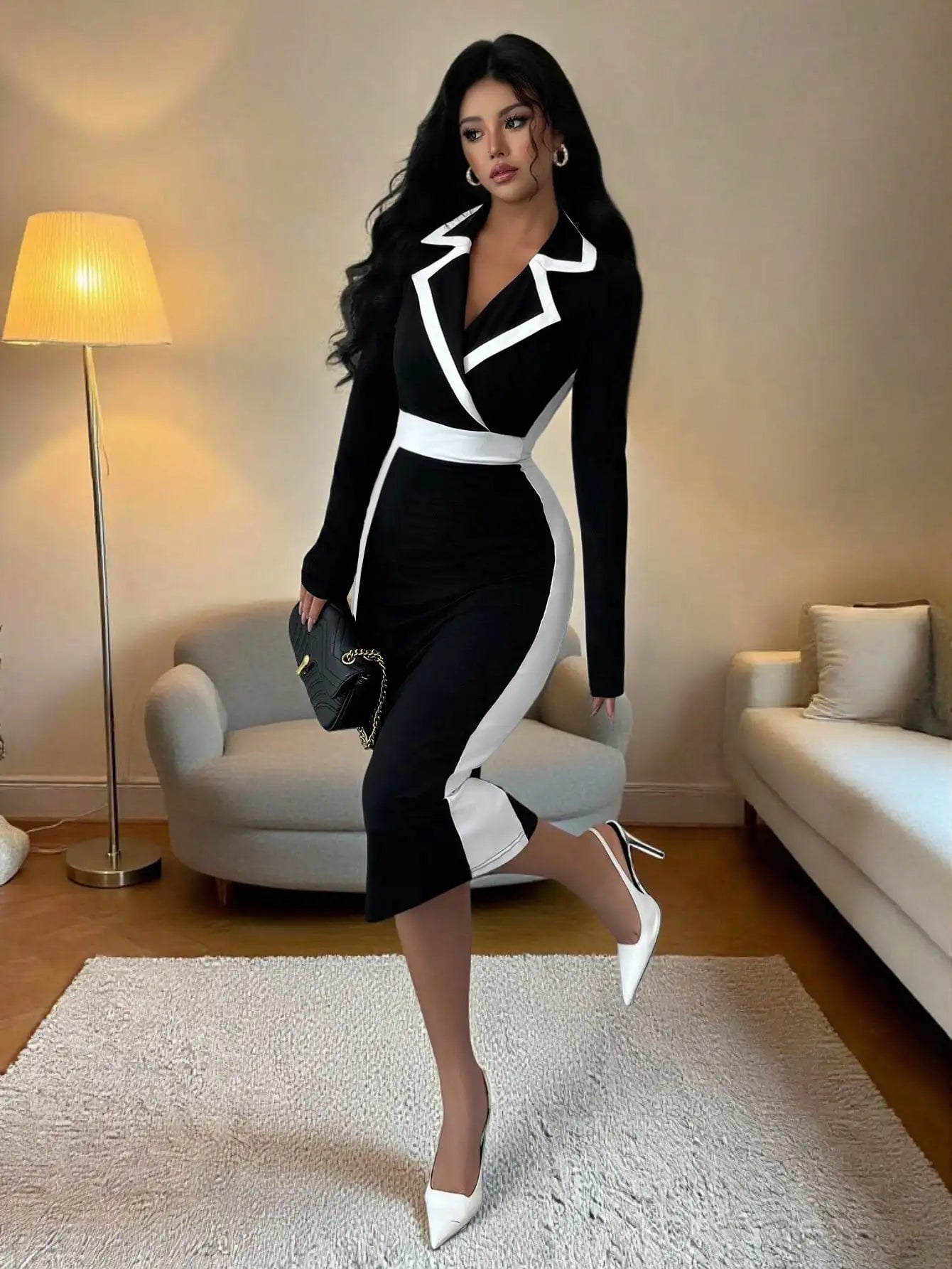Black & White Contrast Blazer Collar Bodycon Dress,
