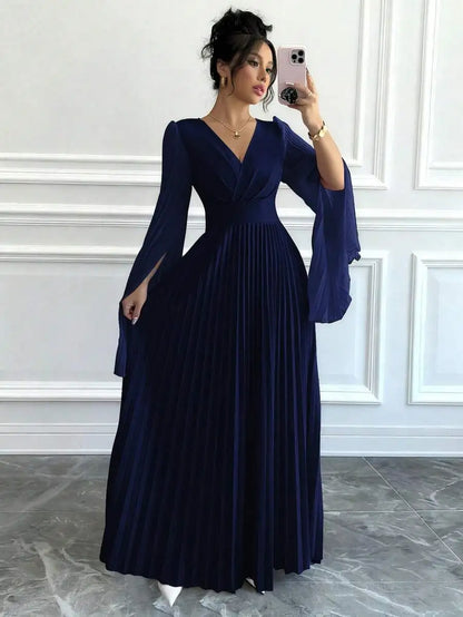 V-Neck Pleated Maxi Dress