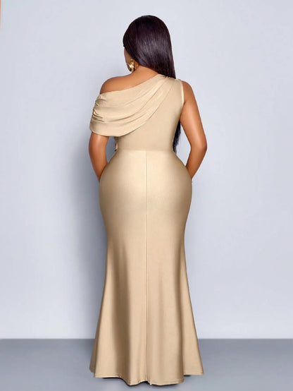 Elegant Off-Shoulder Plus Size Fishtail Evening Dress in Shiny Apricot for Wedding Party