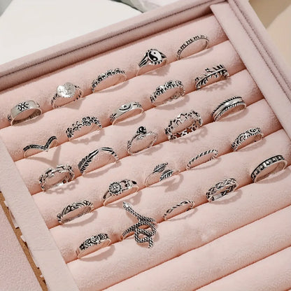 Bohemian Stacking Rings Set 25Pcs Silver Tone
