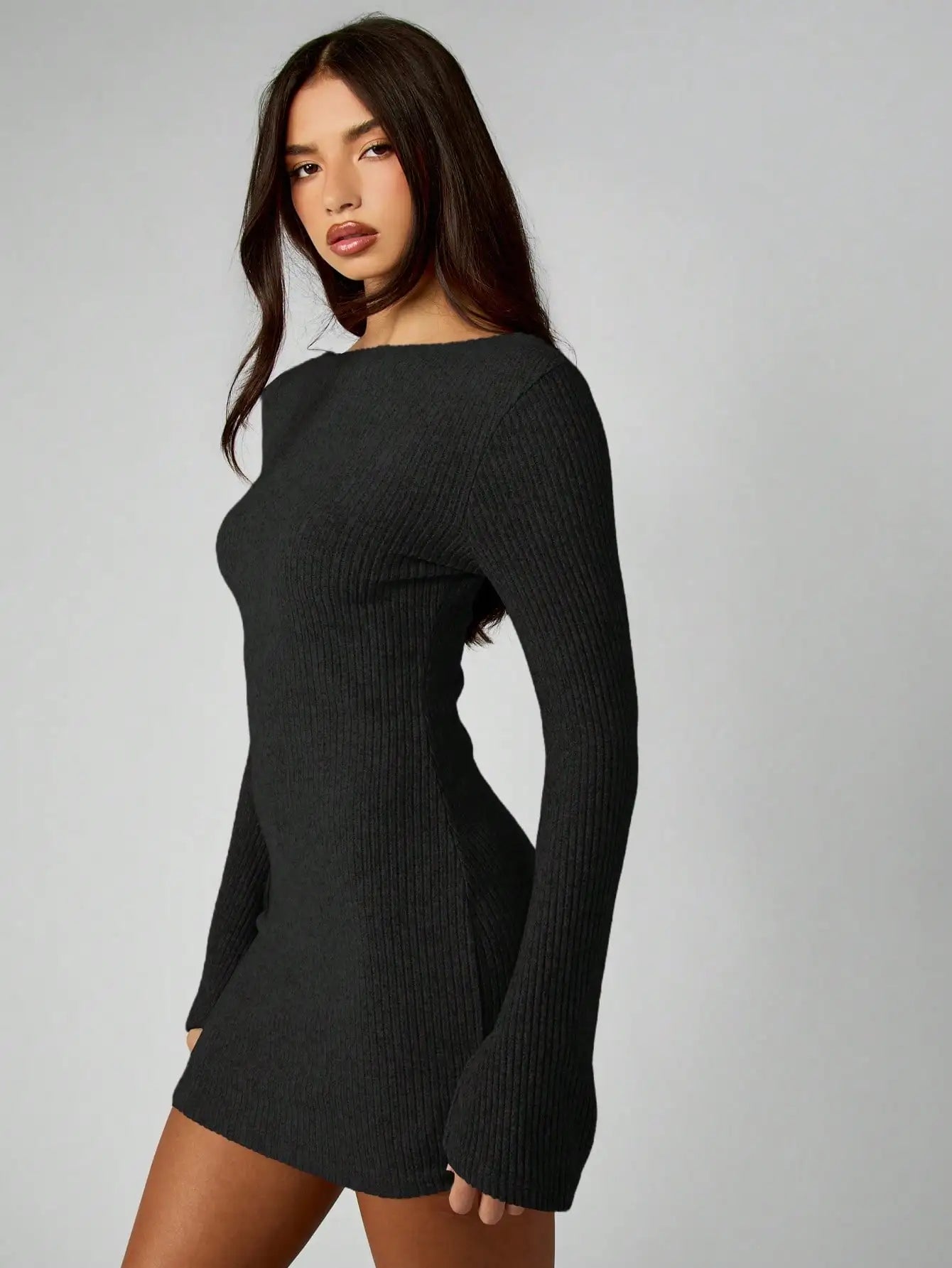 Ribbed Knit Long Sleeve Bodycon Mini Dress