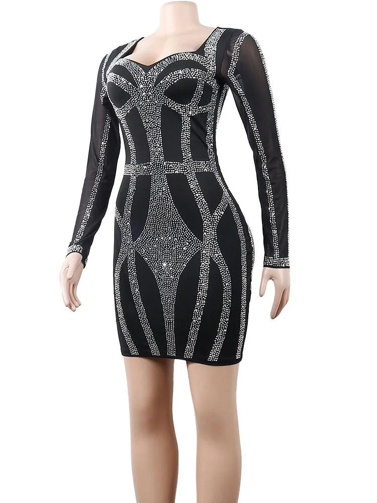 Sparkle Black Rhinestone Bodycon Mini Dress