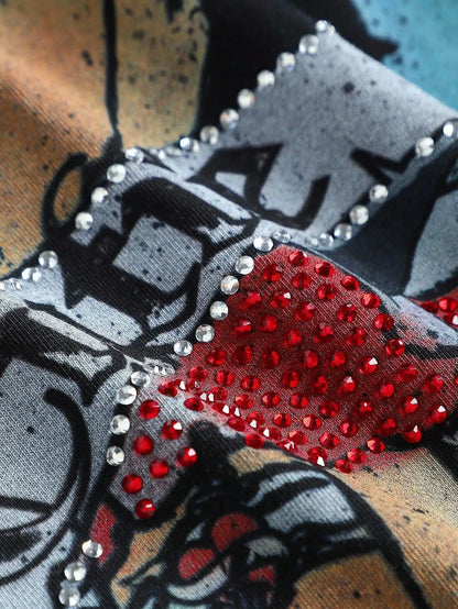 Cartoon Graphic Rhinestone Lace Dress