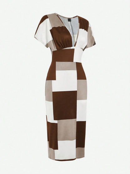 Deep V Neck Color block Midi Dress