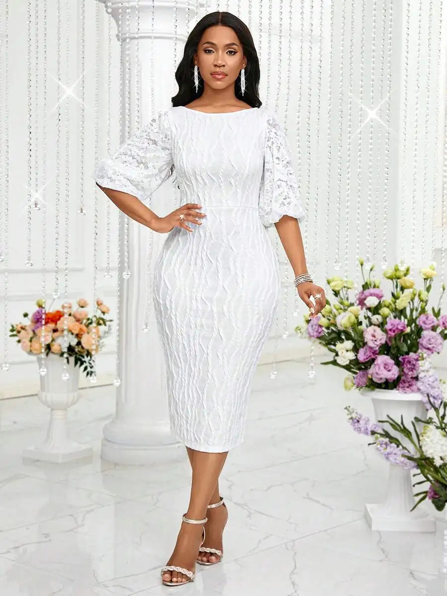 White Lace Midi Dress with Bell Sleeves,
