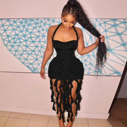 Hugcitar Elegant Halter Solid Ruffles Backless Taseel Sexy Slim Mini Dress Spring Women Cute Outfits Birthday Party Vacation
