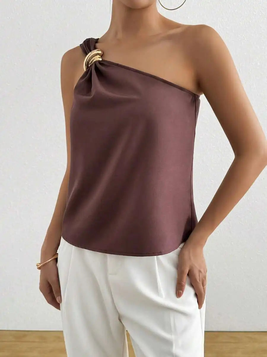 Women's One Shoulder Blouse Gold Accent Buckle,