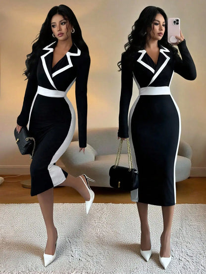 Black & White Contrast Blazer Collar Bodycon Dress,