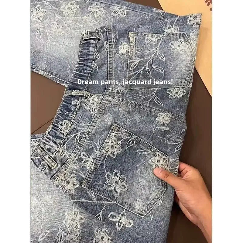 Retro Floral Washed Loose Jeans Casual