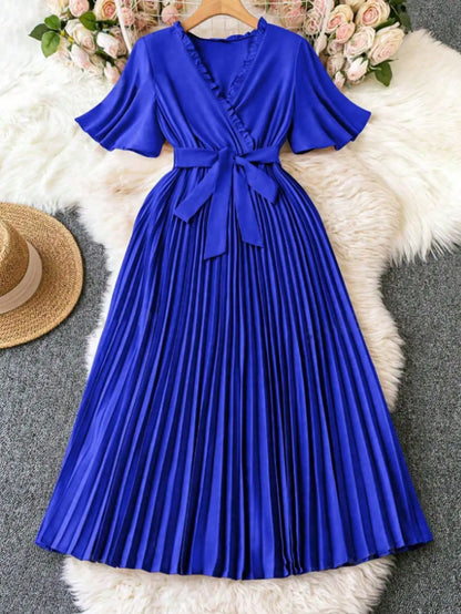 V-Neck Wrap Tie-Waist Pleated Maxi Dress