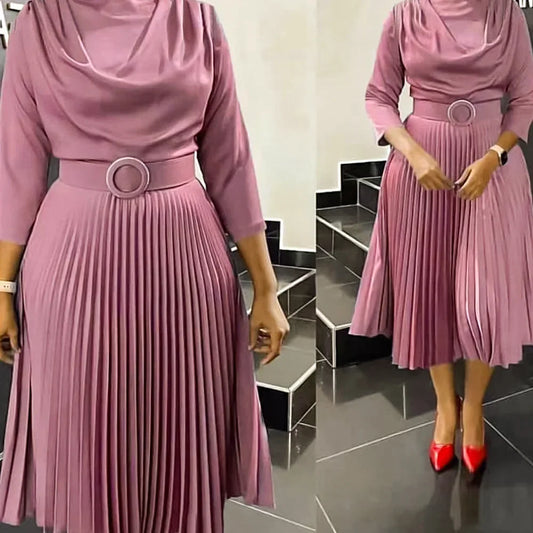 Fashionable Pure Color Pleated Midi Dress
