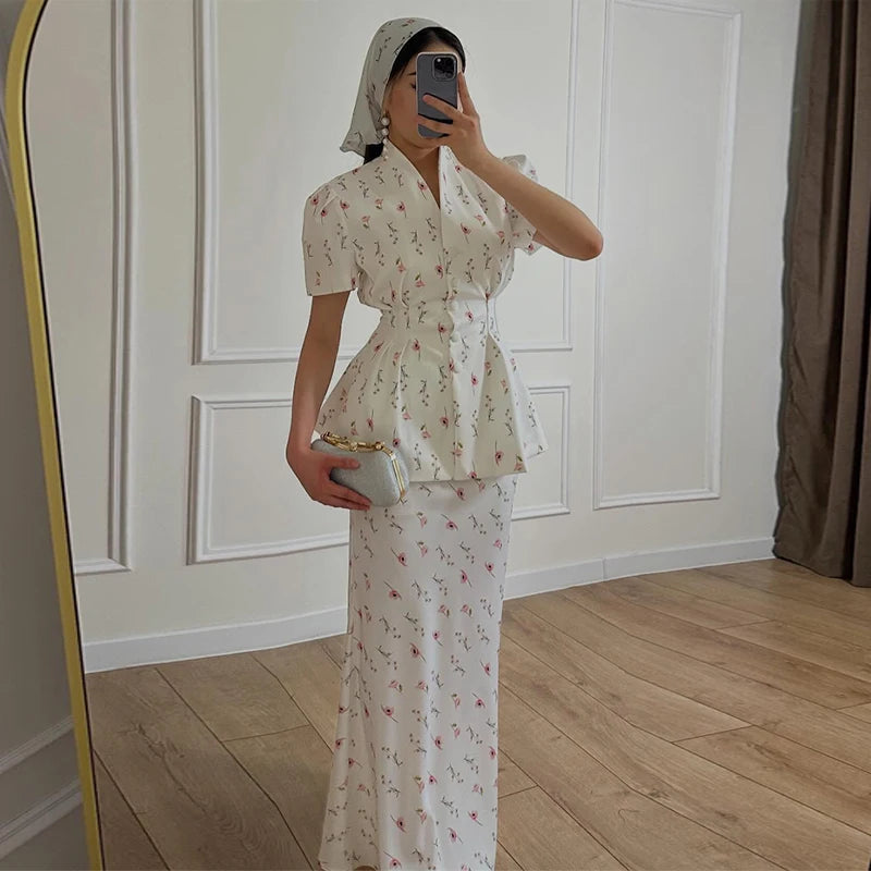 Floral Printed Blazer Shirt Maxi Skirt 2 Piece