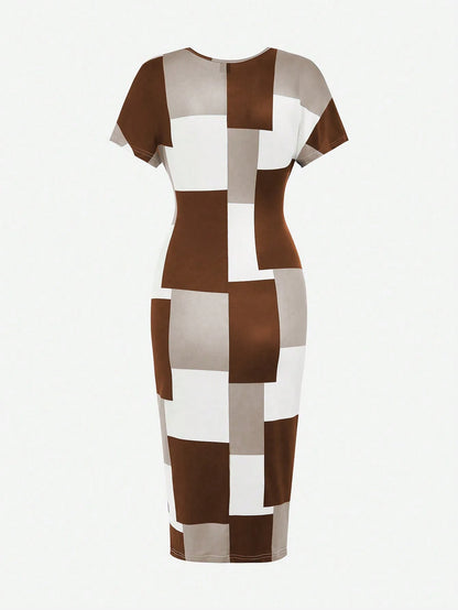 Deep V Neck Color block Midi Dress