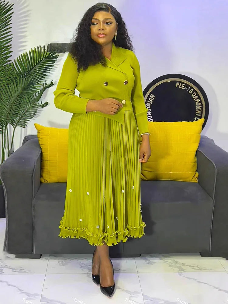 Pleated Long Dress Double Breasted