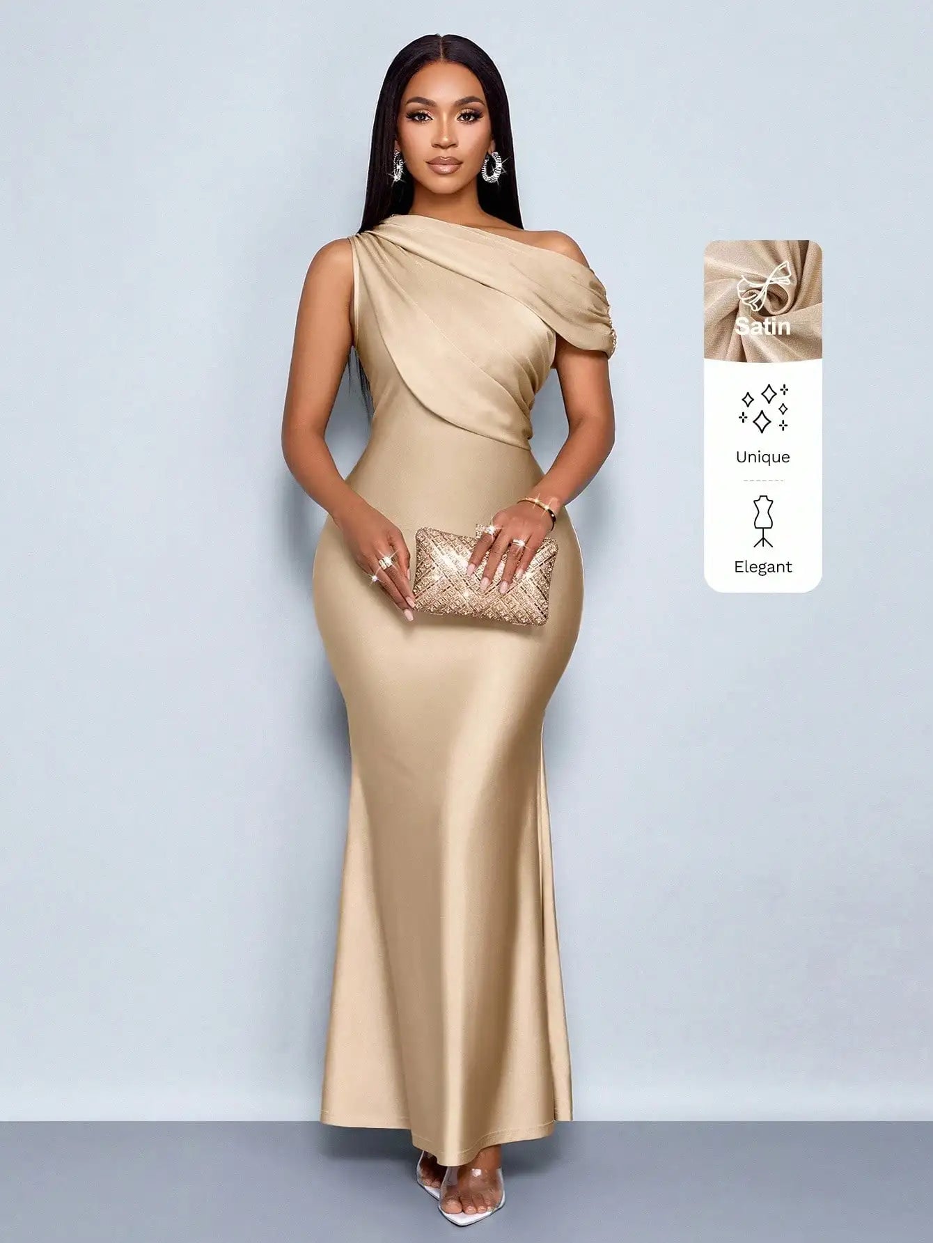 Elegant Satin One-Shoulder Fishtail Maxi Dress