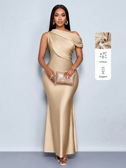 Elegant Satin One-Shoulder Fishtail Maxi Dress