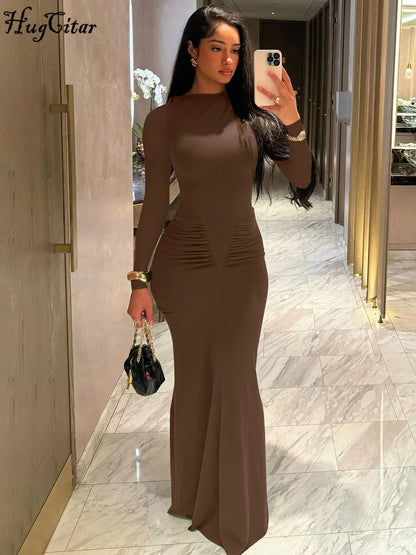 Long Sleeve Draped Sexy Bodycon Maxi Dress
