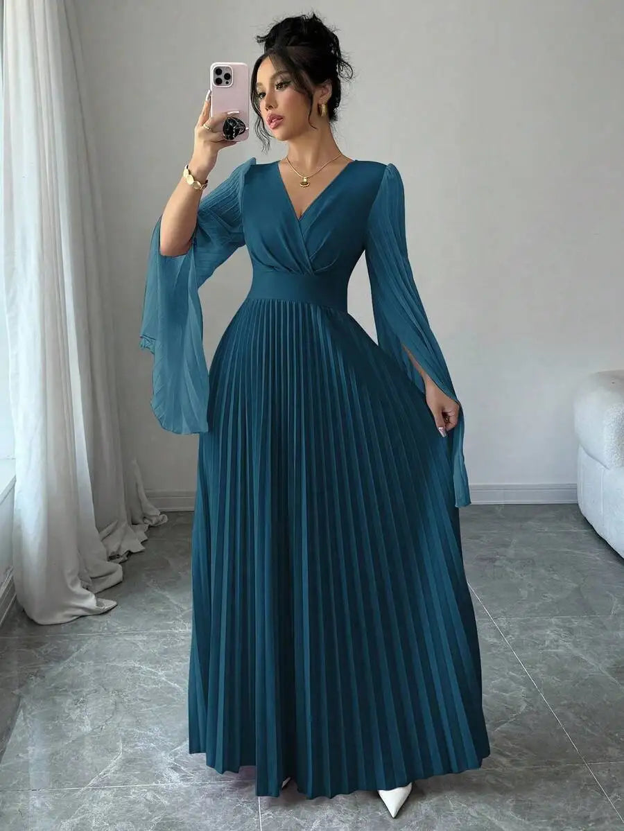V-Neck Pleated Maxi Dress