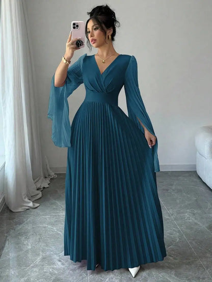 V-Neck Pleated Maxi Dress