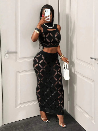 2PCS See-Through Mesh Hollow Out Crop Tank & High Waist