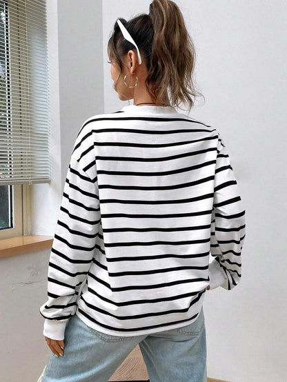 Women's White Black Striped Long Sleeve Sweater