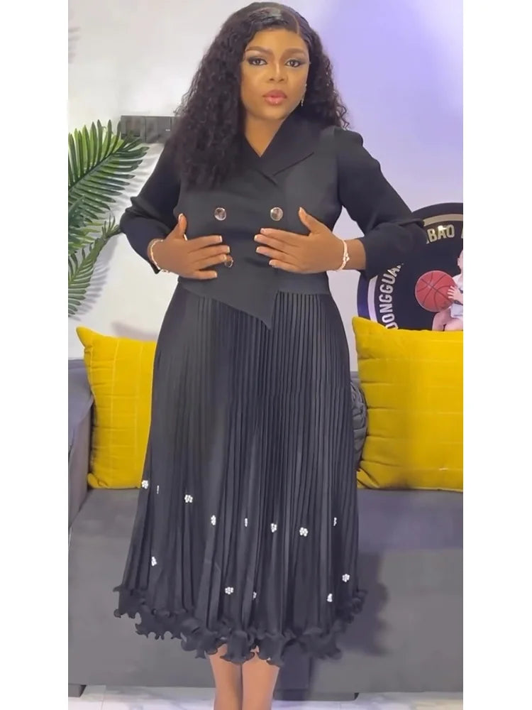 Pleated Long Dress Double Breasted