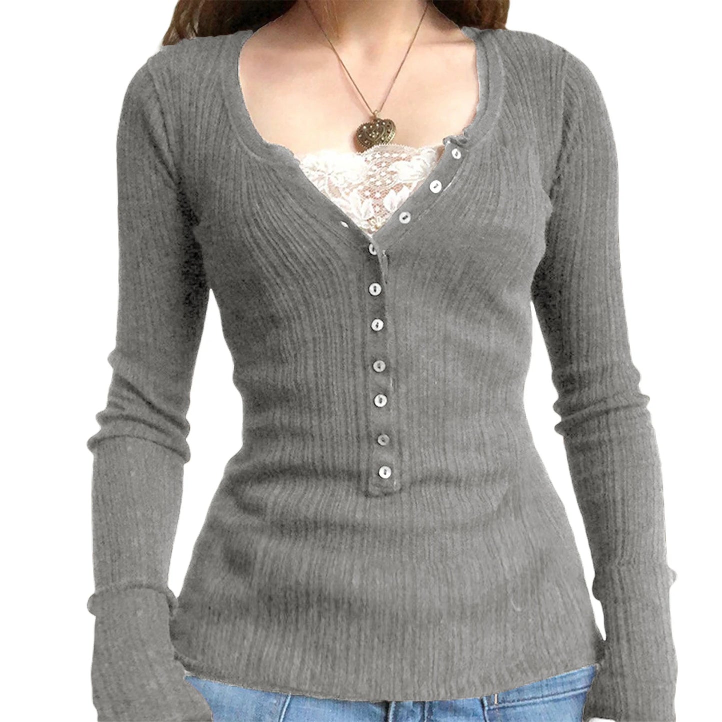 Button Front Knit Tops Long Sleeve