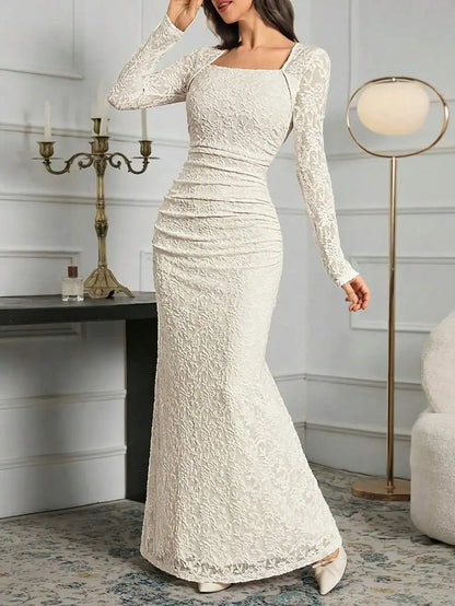 Elegant Ivory Lace Long Sleeve Dress
