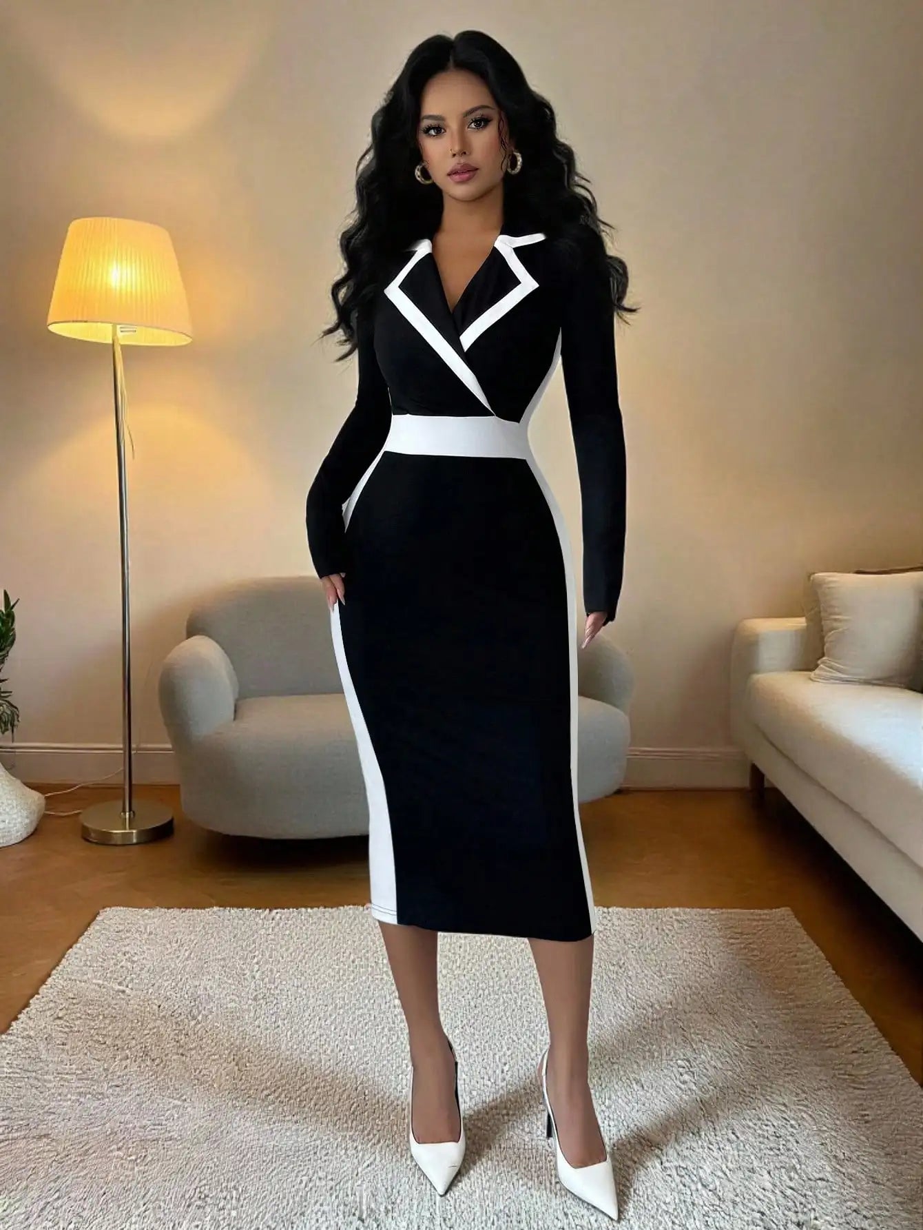 Black & White Contrast Blazer Collar Bodycon Dress,