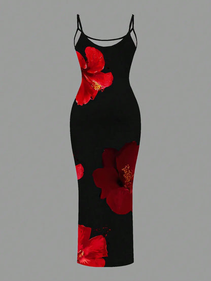 Elegant Black Red Floral Maxi Dress