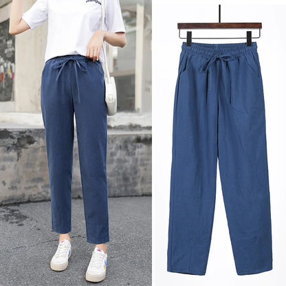 Cotton Linen Solid Elastic Waist Pants