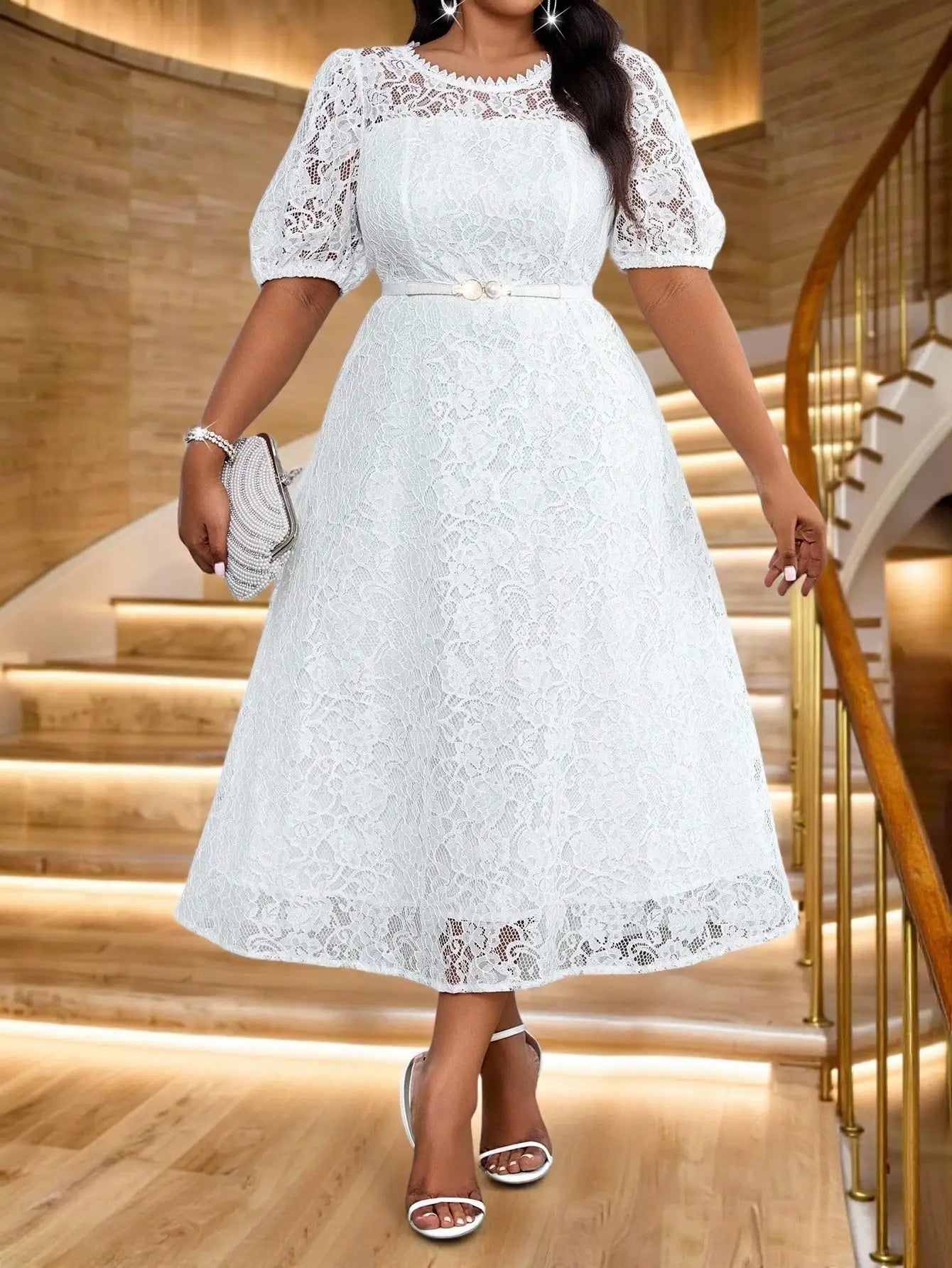 White Lace Midi Dress with Puff Sleeves and Belt