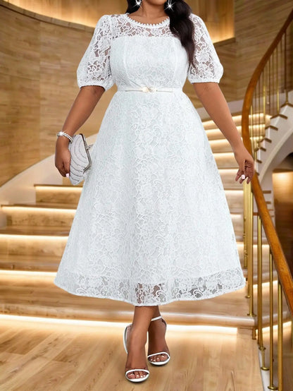 White Lace Midi Dress with Puff Sleeves and Belt