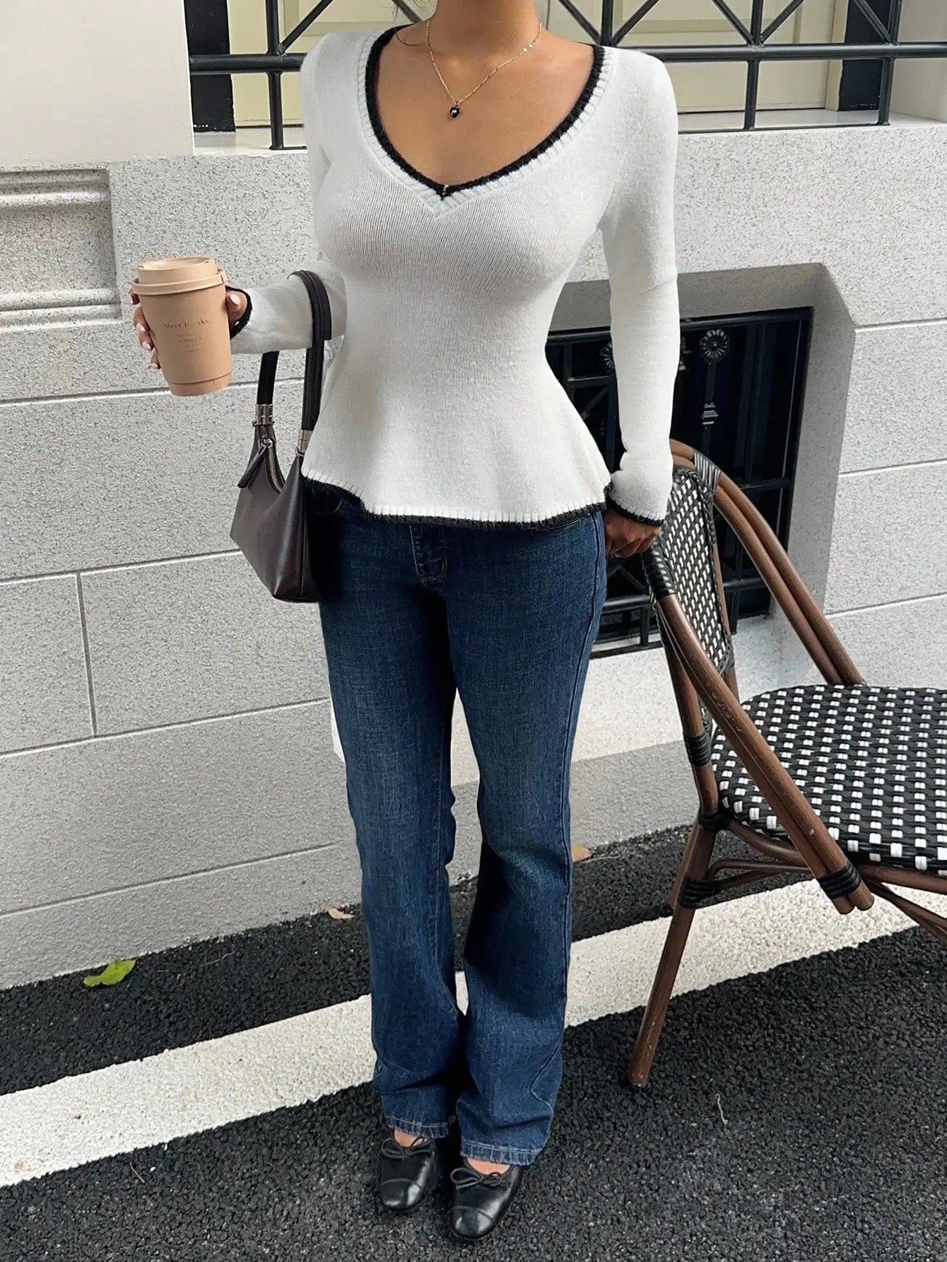 V-Neck Contrast Trim Peplum Knit Top,