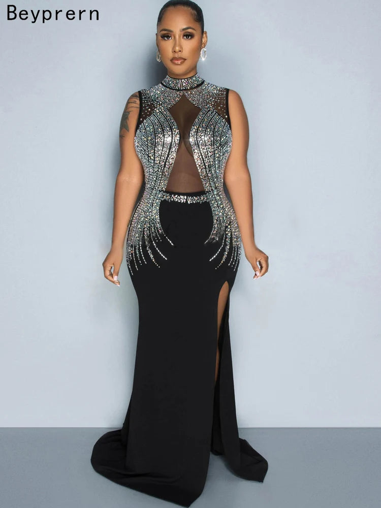 Beyprern Women's Black Mesh Bust Rhinestones