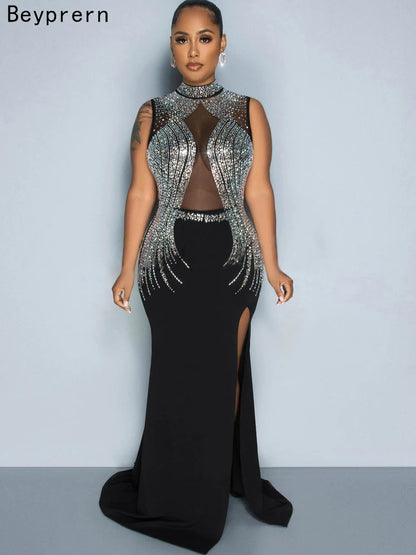 Beyprern Women's Black Mesh Bust Rhinestones
