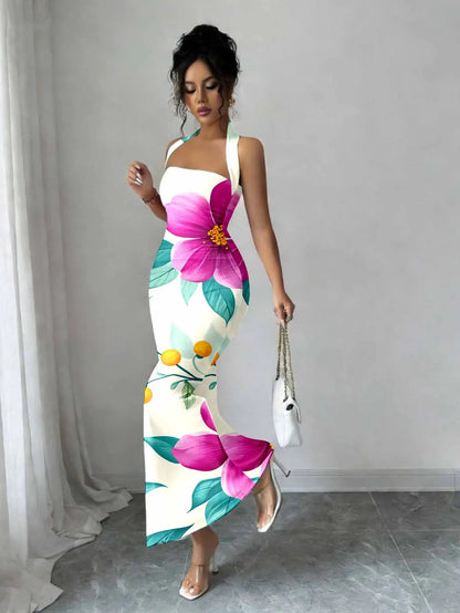 Hip-Hugging Sleeveless Long Skirt Hanging Neck Design And Collar