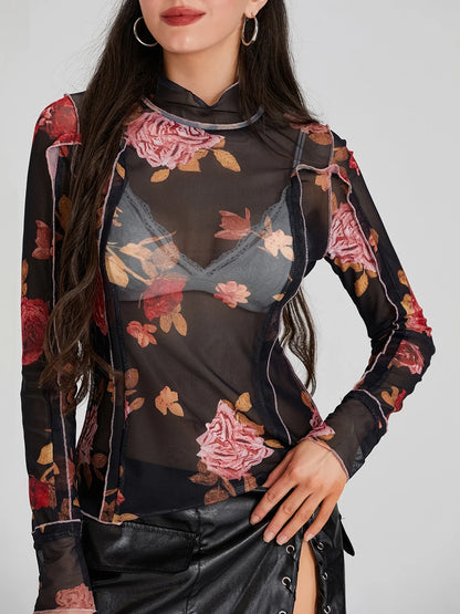 Women s  Mesh Tops Floral Print T-Shirt