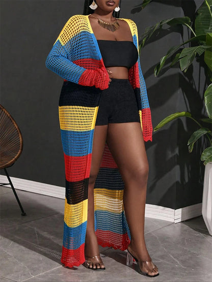 Color-Block Crochet Cardigan Beach Cover-Up