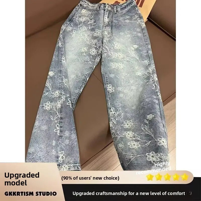 Retro Floral Washed Loose Jeans Casual