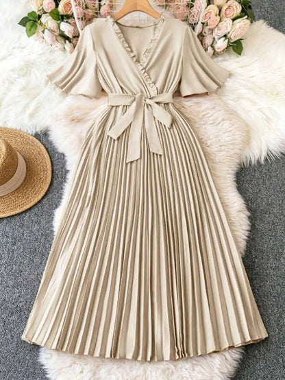 V-Neck Wrap Tie-Waist Pleated Maxi Dress