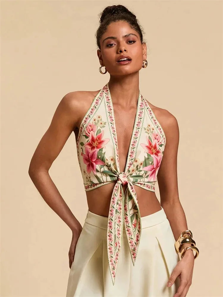 Sleeveless Sexy Knot Front Halter Crop Top