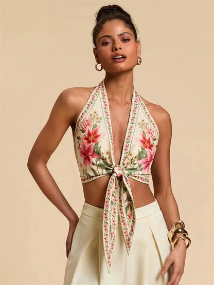 Sleeveless Sexy Knot Front Halter Crop Top