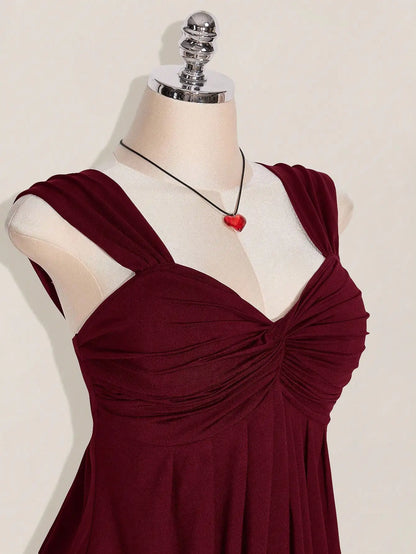 Wine Red Twist Front Sleeveless Babydoll Top,
