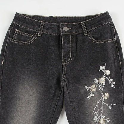 Floral Embroidery Jeans Vintage