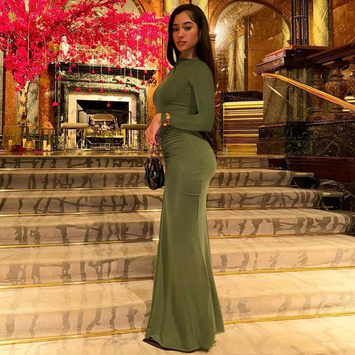 Long Sleeve Draped Sexy Bodycon Maxi Dress